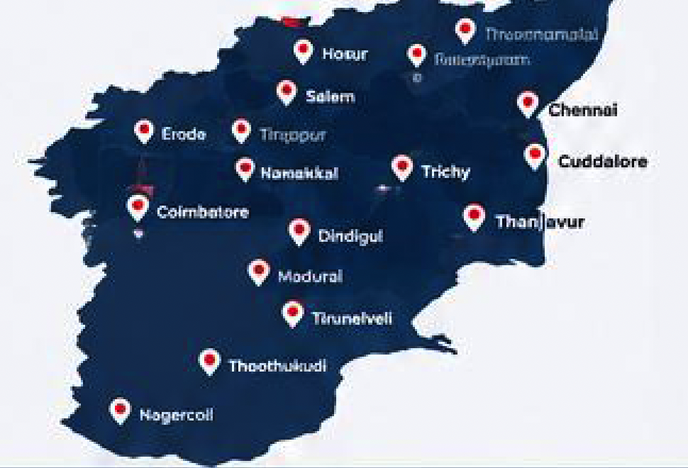 Map of Tamil Nadu showing Good Night Fabrics | Wholesale Manufacturer & Distributor of Mosquito & Bird Safety Nets supply coverage across major cities